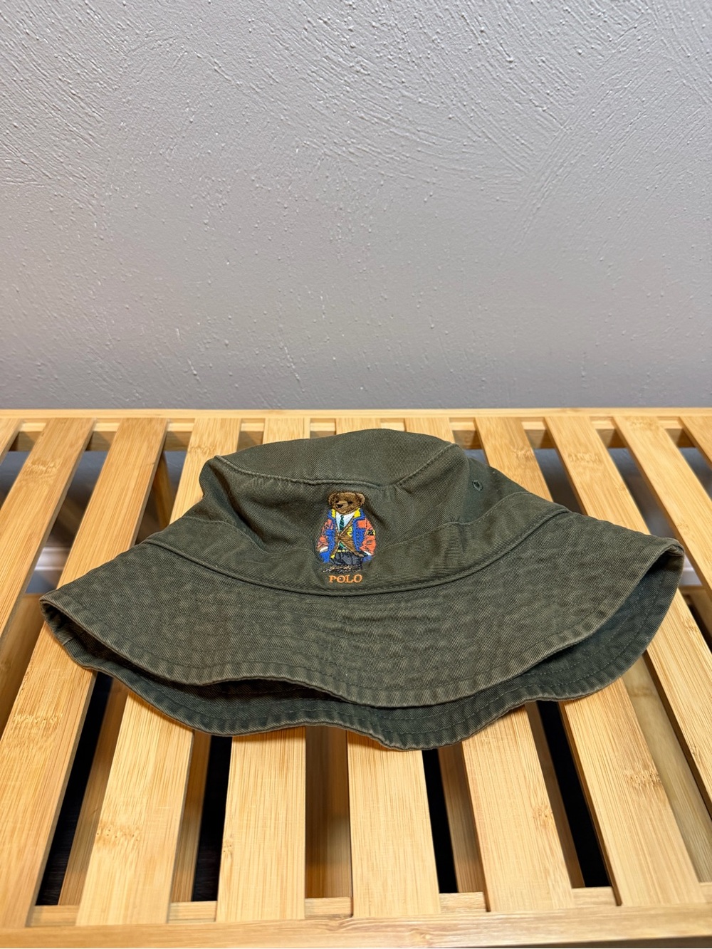 Polo by Ralph Lauren Olive Green Bucket Hat with Bear Embroidery
